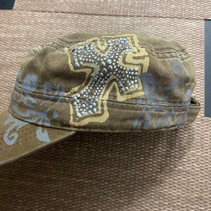 Distressed Stone Washed Brown Hat w/Cross
